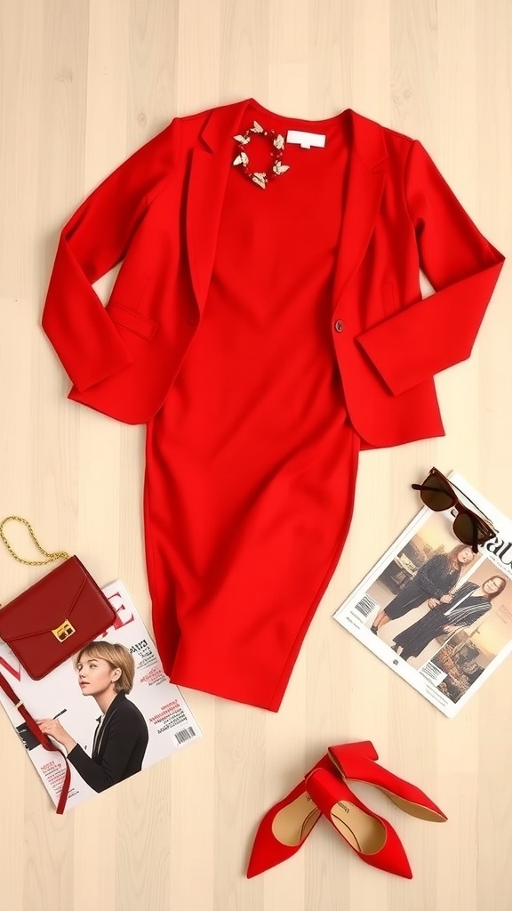 Flat lay of tomato red outfit including a dress, blazer, and accessories on a wooden surface.